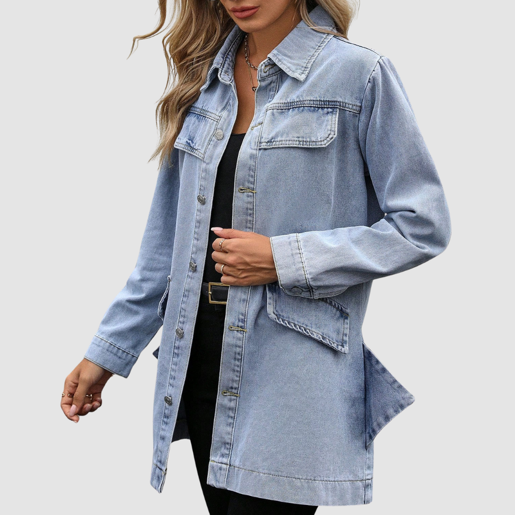 Lena - Lange hellblaue Denim-Jacke