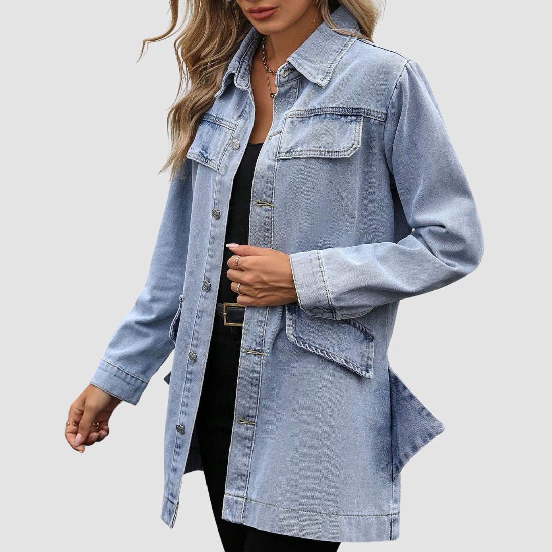 Lena - Lange hellblaue Denim-Jacke
