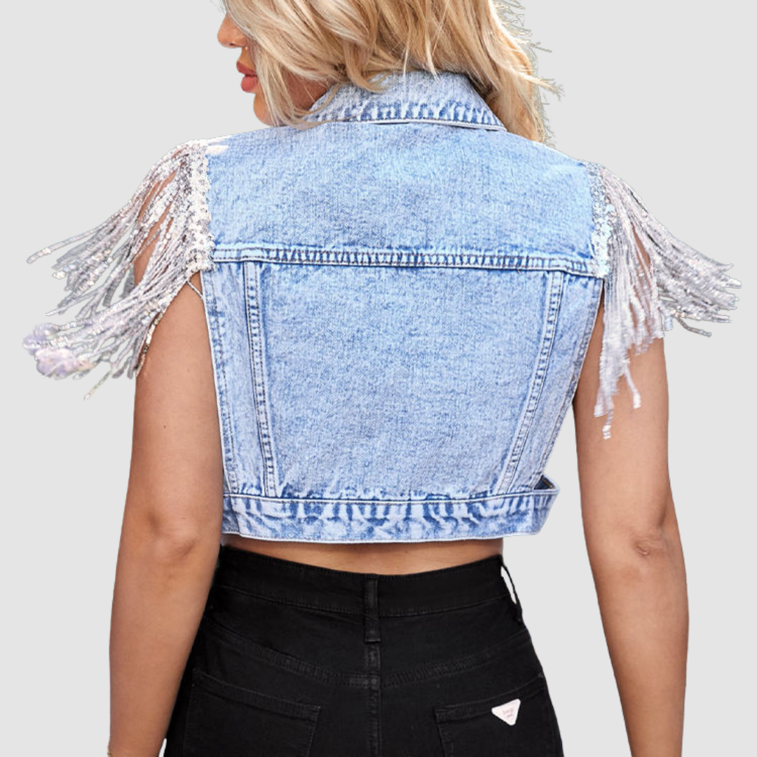 Marie - Gekürzte Denim-Weste mit Fransen